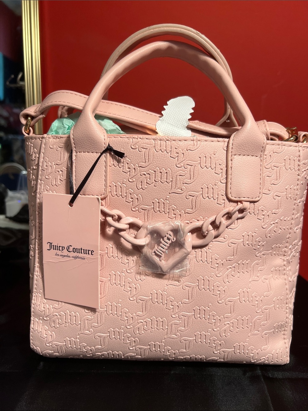 Juicy Couture Blush Pink Embossed Logo Tote with Chain Accent